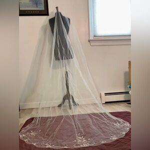 Wedding veil cathedral length ivory beaded scalloped rhinestone bridal veil